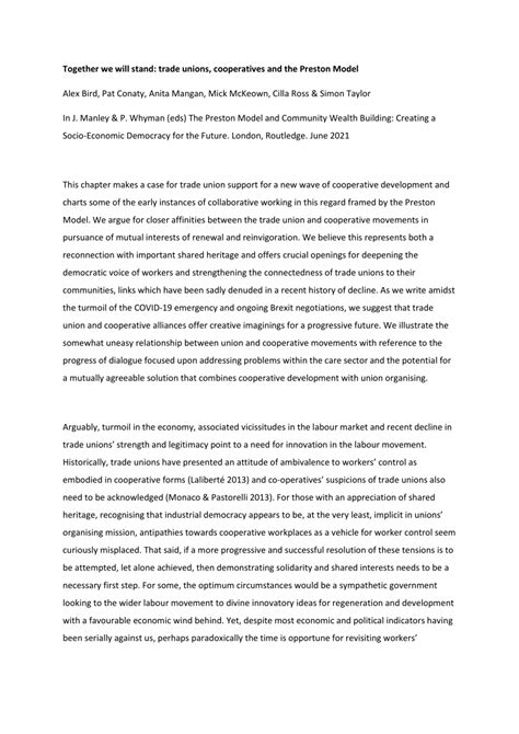 (PDF) Together we will stand: trade unions, cooperatives and the .